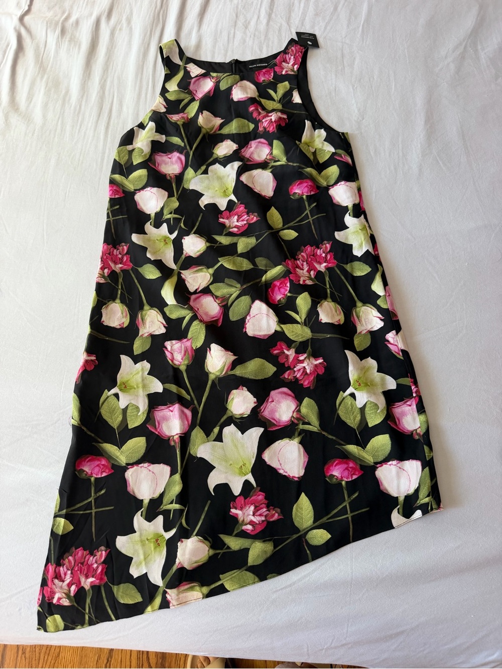 Club Monaco Black Floral Asymmetrical Silk Dress with Pink & Green Blooms